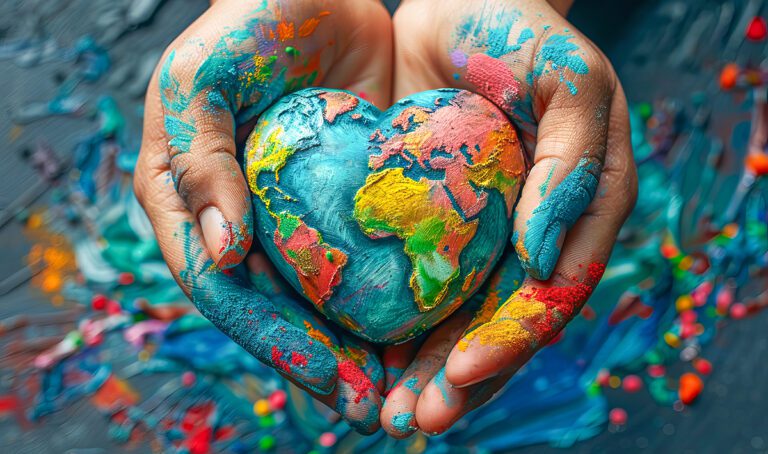 Child holding small globe on rustic blue wooden table for national adoption month